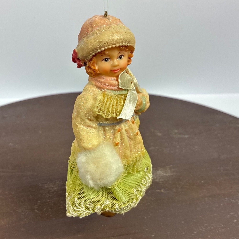 Vintage Victorian Girl Doll Christmas Ornament Green Lace Dress Dangling Legs